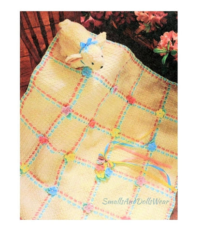 Vintage Crochet Pattern Beribboned Squares Baby Afghan Blanket Flowers Leaves PDF Instant Digital Download Pretty Infant Crib Cover 5 Ply