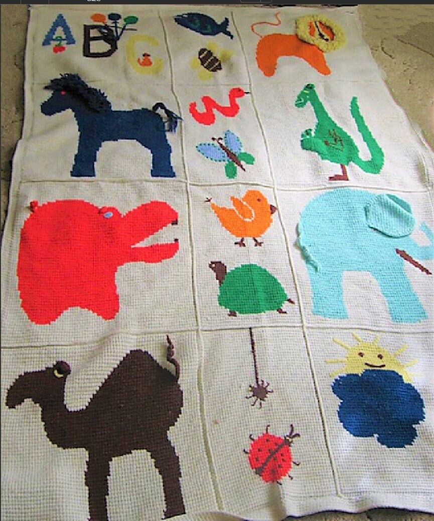 Vintage 1977 Crochet Afghan Pattern ABC Zoo Baby Blanket PDF Instant Digital Download Childs Animal Throw Tunisian Stitch 44x63 10 Ply