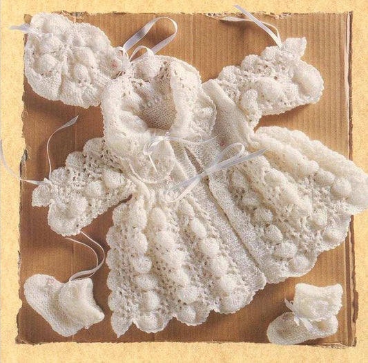 Vintage Knitting Pattern Baby Girl Lace Puff Shell Matinee Coat Bonnet Booties Set PDF Instant Digital Download 0-3 m 2-Ply