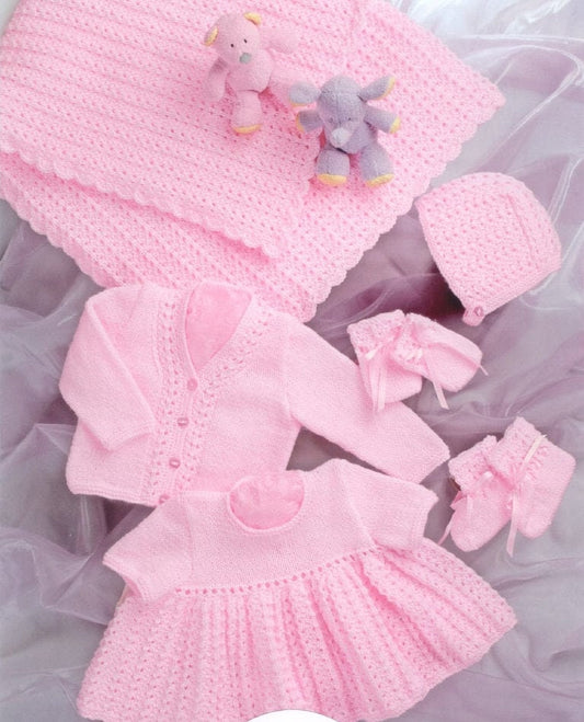 Vintage Knitting Pattern Knit Baby Girl 6 Piece Set Shawl Dress Cardigan Hat Mittens Booties PDF Instant Digital Download Preemie - 12m DK