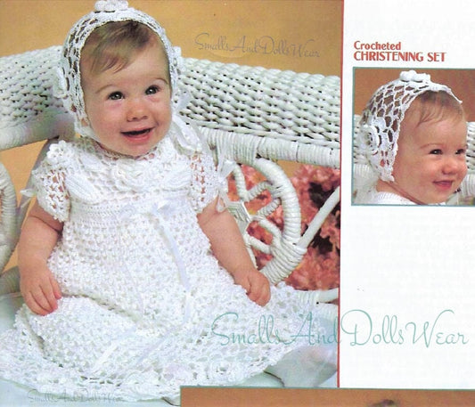 Vintage Thread Crochet Pattern Pretty Baby Girl Christening Dress Bonnet Set Rose & Leaf Motif Picots PDF Instant Digital Download Baptism