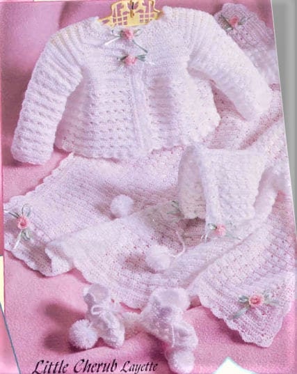 Vintage Crochet Pattern Baby Girls Little Cherub Ribbons Roses Layette PDF Instant Digital Download Sweater Bonnet Booties Afghan 3-6m 4 Ply