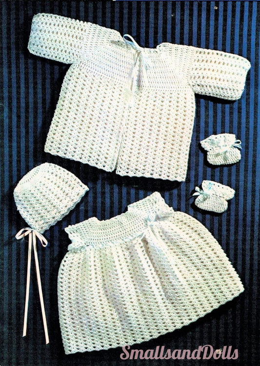 Vintage Crochet Pattern Pretty Baby Girl Shell Stitch Layette Set PDF Instant Digital Download Coat Empire Dress Bonnet Booties 6-12m 4 Ply