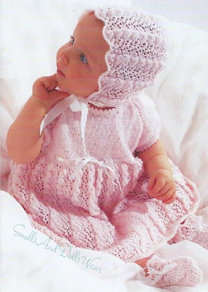 Vintage Knitting Pattern Pretty Baby Girl Lace Dress Bonnet Booties Set PDF Instant Digital Download Short Day Long Christening 6-9m 5 Ply