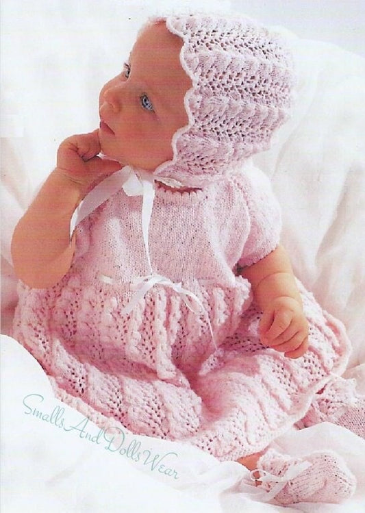 Vintage Knitting Pattern Pretty Baby Girl Lace Dress Bonnet Booties Set PDF Instant Digital Download Short Day Long Christening 6-9m 5 Ply