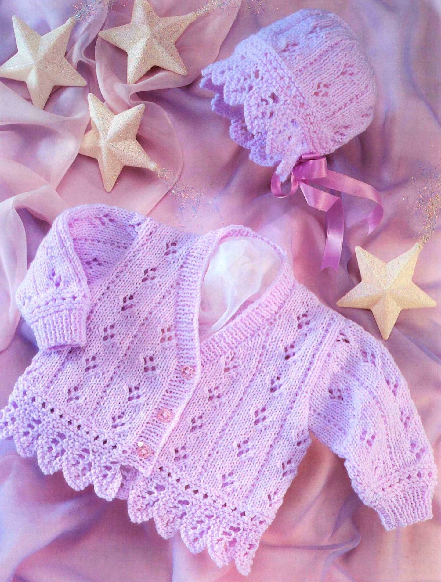 Vintage Knitting Pattern Knit Baby Girl to Big Girl Lacy Bonnet and Cardigan Sweater Set PDF Instant Digital Download 0-6 years DK 8 Ply