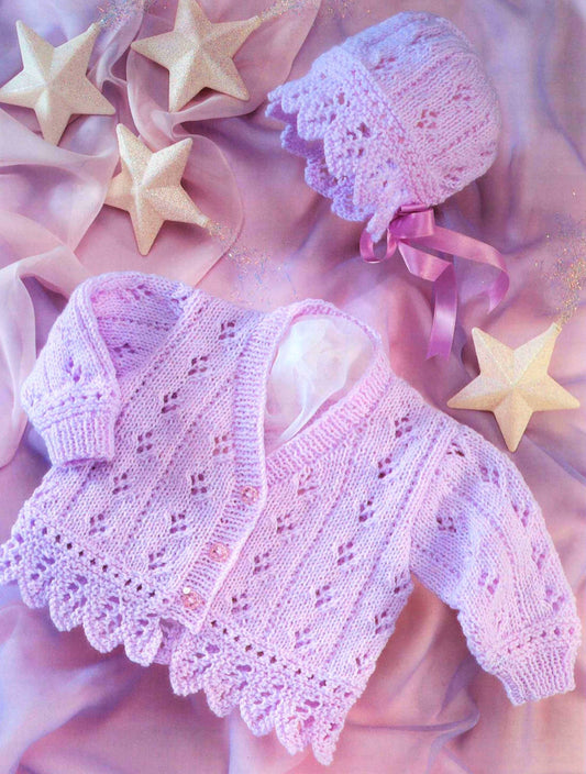 Vintage Knitting Pattern Knit Baby Girl to Big Girl Lacy Bonnet and Cardigan Sweater Set PDF Instant Digital Download 0-6 years DK 8 Ply