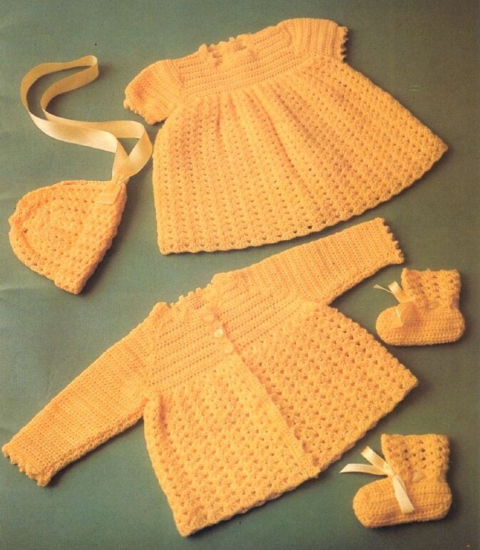 Vintage Crochet Pattern Baby Girl 4 Piece Shell Stitch Layette Set PDF Instant Digital Download Matinee Coat Dress Bonnet Booties 0-9m 4 Ply