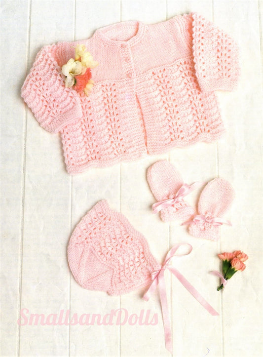 Vintage Knitting Pattern Baby Girl Pretty Matinee Coat Bonnet Mittens Set PDF Instant Digital Download Preemie -18m DK 8 Ply