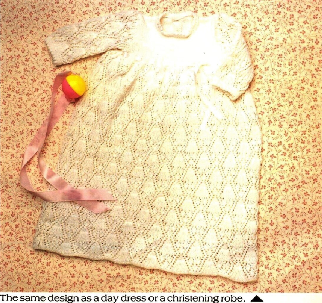 Vintage Knitting Pattern Baby Girl Pretty Scalloped Diamonds Lace Dress PDF Instant Digital Download Special Occasion Gown 3m - 12m 3 Ply