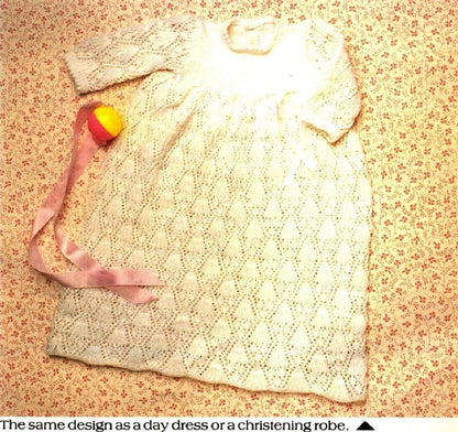 Vintage Knitting Pattern Baby Girl Pretty Scalloped Diamonds Lace Dress PDF Instant Digital Download Special Occasion Gown 3m - 12m 3 Ply