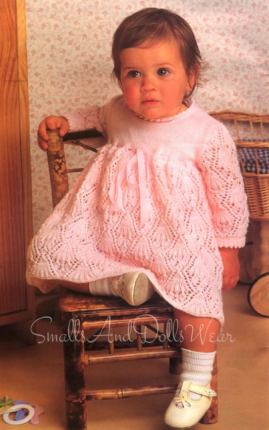 Vintage Knitting Pattern Baby Girl Pretty Scalloped Diamonds Lace Dress PDF Instant Digital Download Special Occasion Gown 3m - 12m 3 Ply