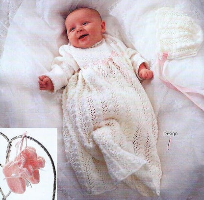 Vintage Knitting Pattern Pretty Baby Girl Lace Dress Bonnet Booties Set PDF Instant Digital Download Short Day Long Christening 6-9m 5 Ply