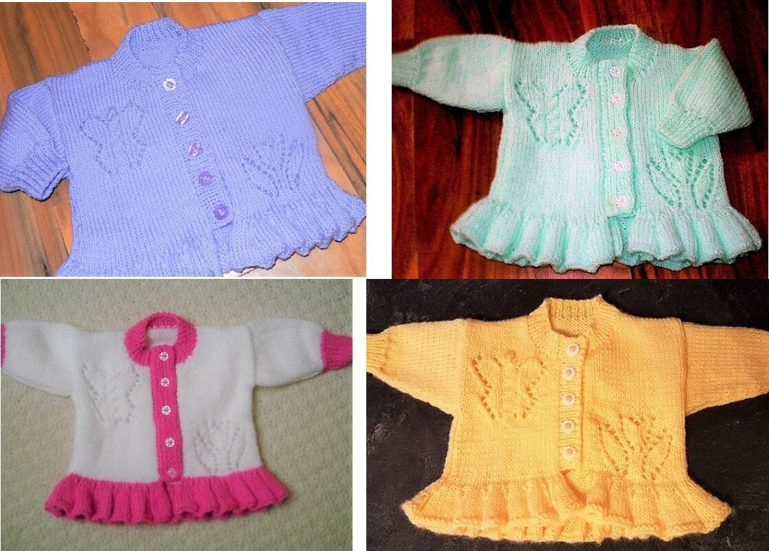 Vintage Knitting Pattern Baby Girl Peplum Frill Cardigan Sweater Flower and Butterfly PDF Instant Digital Download 0-7 yrs DK 8 Ply