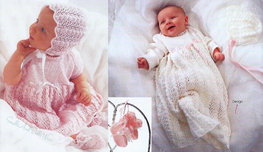 Vintage Knitting Pattern Pretty Baby Girl Lace Dress Bonnet Booties Set PDF Instant Digital Download Short Day Long Christening 6-9m 5 Ply