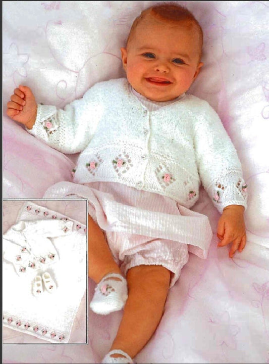 Vintage Knitting Pattern Knit Baby Girl Rosebud Diamond Cardigan Sweater Shoes and Blanket Set PDF Instant Digital Download 0-6 yrs DK