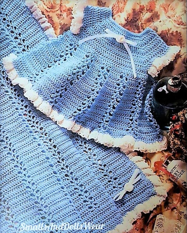 Vintage Crochet Pattern Baby Girl Eyelet Lace Ruffle Dress and Afghan Blanket PDF Instant Digital Download 6m-18m 5 Ply