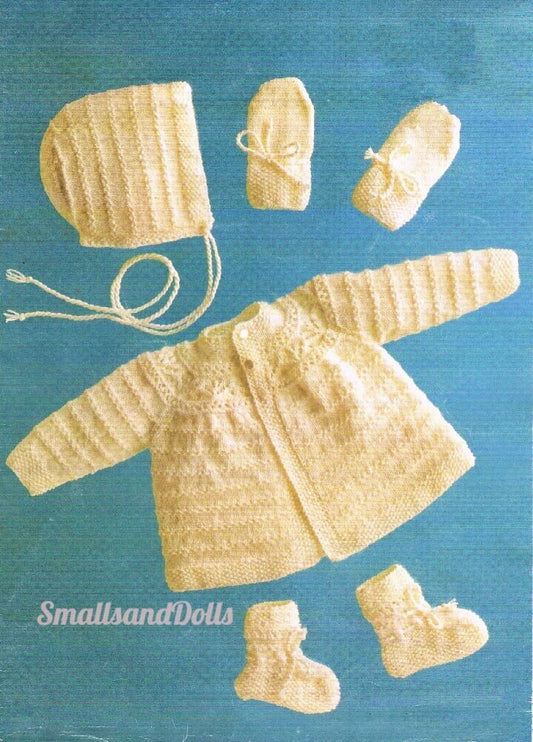 Vintage Knitting Pattern Pretty Baby Girls Matinee Coat Bonnet Booties Mittens Set PDF Instant Download 0-12m 4 Ply