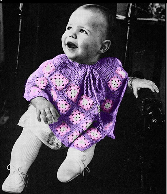 Vintage Crochet Pattern Baby Girl Tri-Color Granny Square Poncho PDF Instant Digital Download Flower Motif Cape 6m to 18m 5 Ply