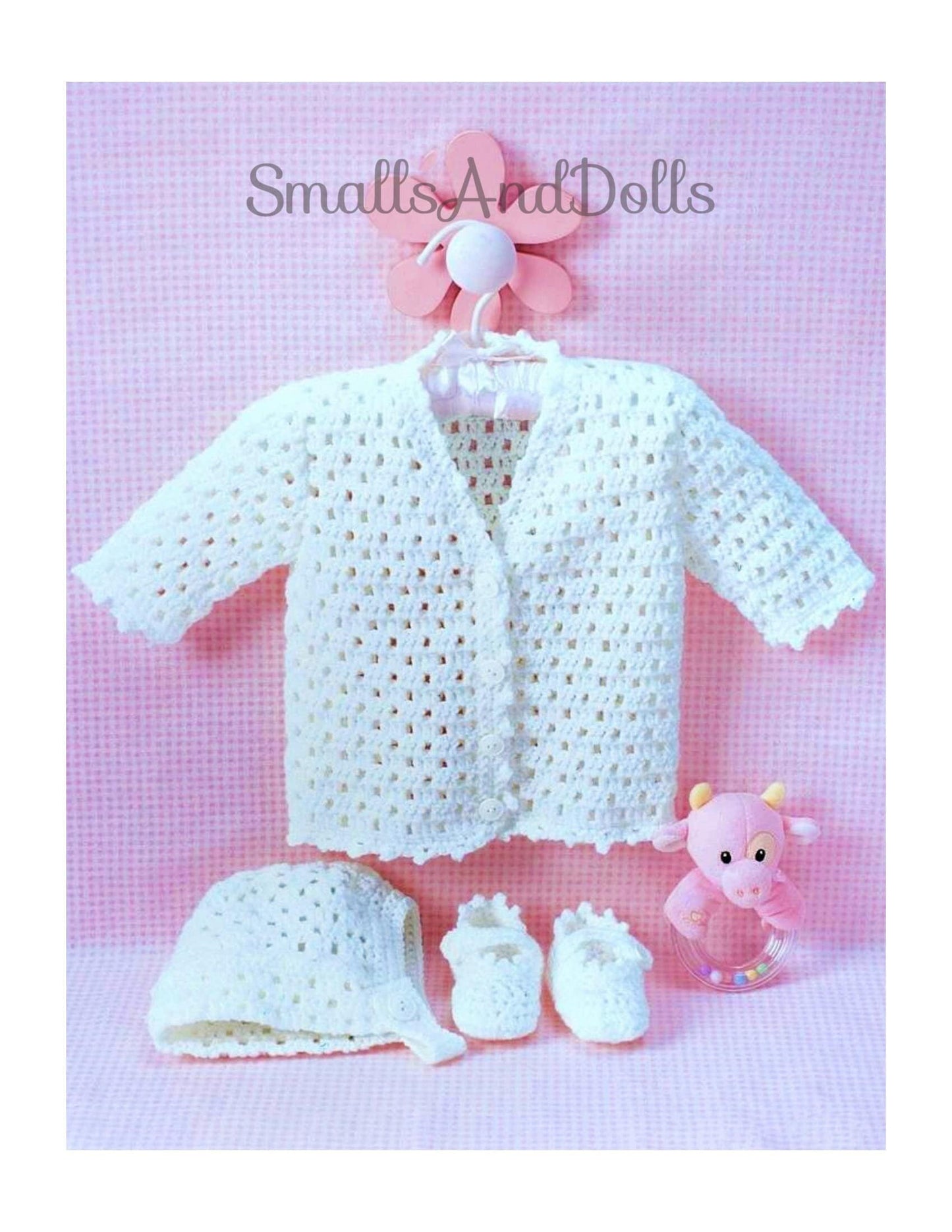 Vintage Crochet Pattern Pretty Baby Girl Cardigan Sweater Bonnet Shoes Set PDF Instant Digital Download 2 Sizes 6m 12m DK