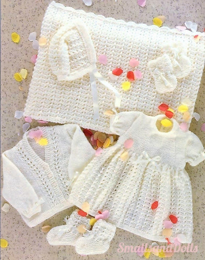 Vintage Knitting Pattern Baby Girl Pretty 6 Piece Lacy Layette Set PDF Instant Digital Download Blanket Bonnet Booties Dress Cardi 9-18m DK