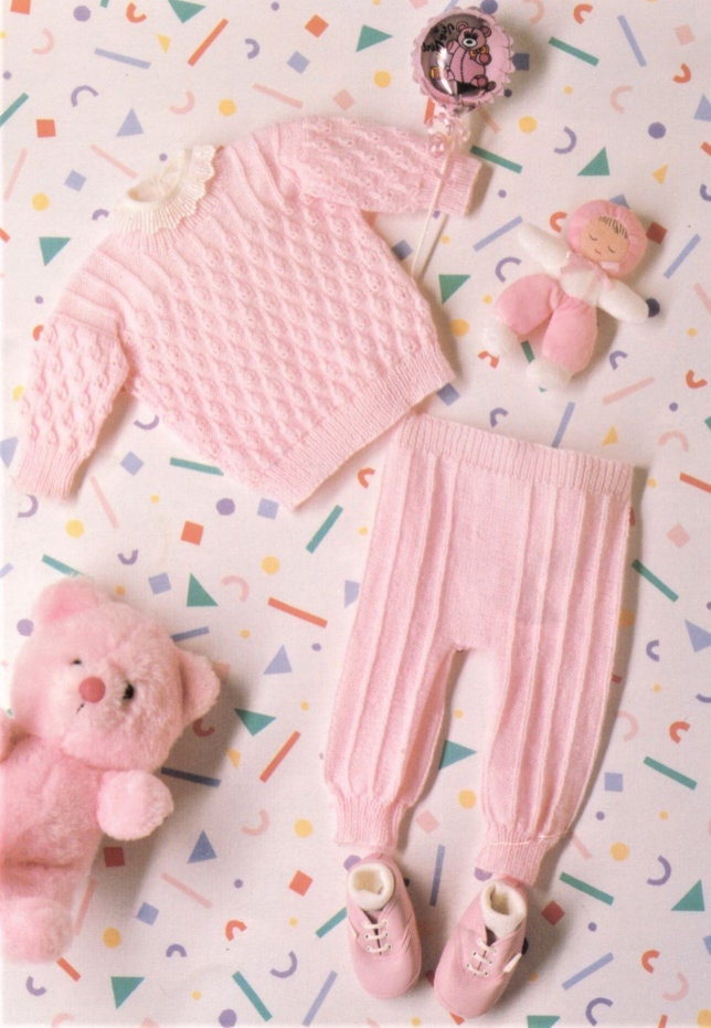 Vintage Knitting Pattern Knit Baby Girl Pullover Sweater and Leggings Set PDF Instant Digital Download Preemie to 18 m 4 Ply 8 Ply