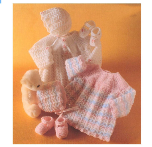 Vintage Knitting Pattern Baby Girls Angel Top Bonnet Bootees Set PDF Instant Digital Download Solid or Tri Color Preemie to 6m 4-Ply