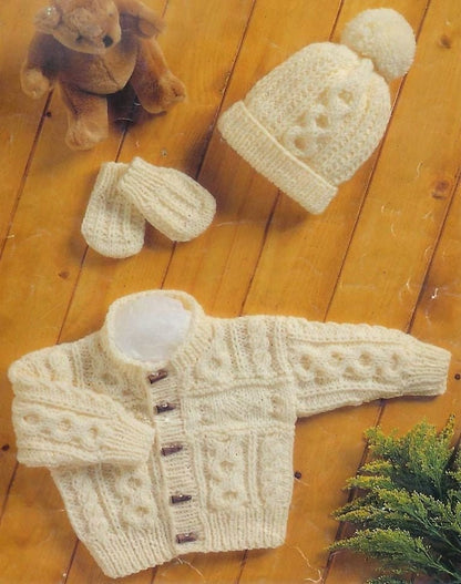 Vintage Knitting Pattern Baby Girl Boy Aran Jacket Cardigan Pompom Hat Mittens Set Easy Knit PDF Instant Digital Download 3m - 4 yrs 10 Ply