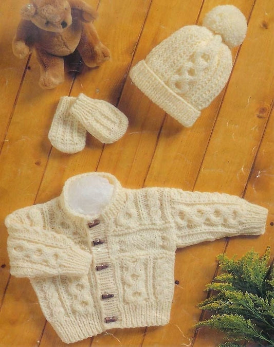 Vintage Knitting Pattern Baby Girl Boy Aran Jacket Cardigan Pompom Hat Mittens Set Easy Knit PDF Instant Digital Download 3m - 4 yrs 10 Ply