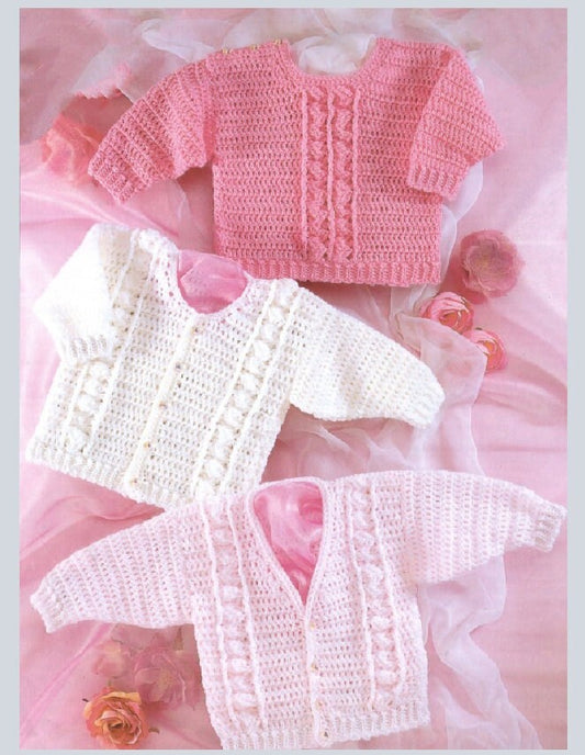 Vintage Crochet Pattern Baby Girl Pretty Paneled Cardigan and Pullover Sweaters PDF Instant Digital Download Preemie - 12 Months DK 8 Ply
