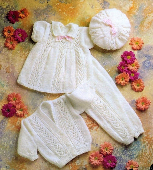 Vintage Knitting Pattern Cute Baby Girl Dress Cardi Leggings Beret Hat Set PDF Instant Digital Download Eyelet Panels 0-2 yrs DK