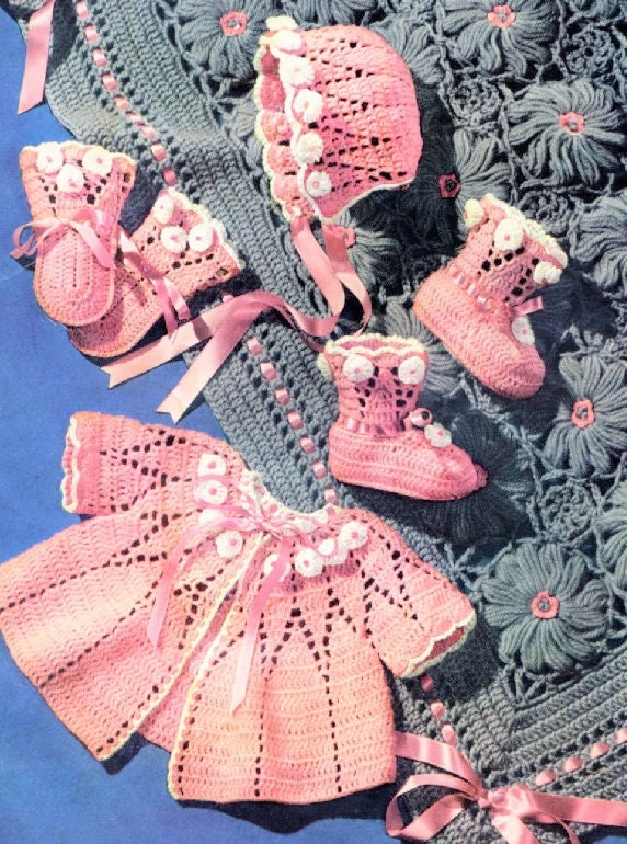 PDF Vintage Crochet Pattern Baby Girl Pink Grey Floral 5 Pc Carriage Set Instant Digital Download Jacket Bonnet Booties Mitts Blanket 3 Ply