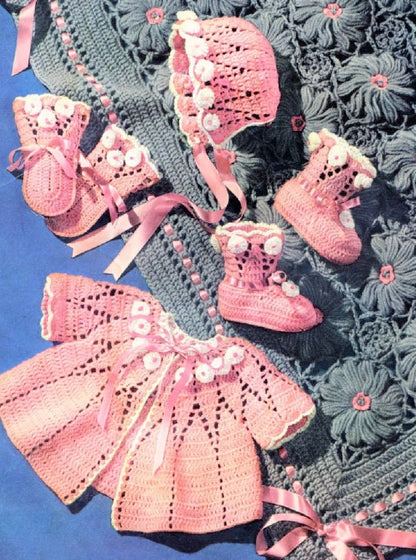 PDF Vintage Crochet Pattern Baby Girl Pink Grey Floral 5 Pc Carriage Set Instant Digital Download Jacket Bonnet Booties Mitts Blanket 3 Ply