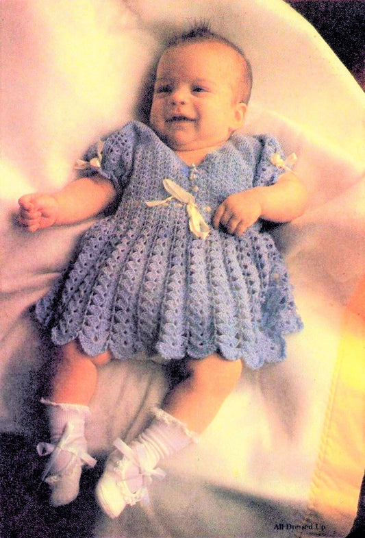 Vintage Thread Crochet Pattern Baby Girl Fancy Occasion Dress Ribbons & Shell Stitch PDF Instant Digital Download 1970s