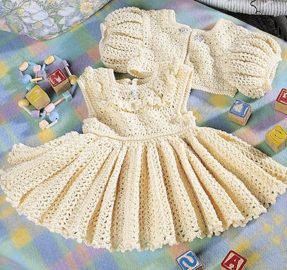 Vintage Crochet Pattern Baby Girls Ruffle Dress and Cropped Bolero Jacket Coat Set PDF Instant Digital Download Fancy Outfit 12-24m 5 Ply