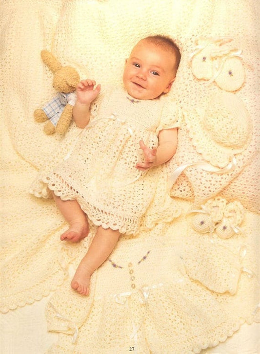 Vintage Crochet Pattern Baby Girl 5 Pc Lacy Layette Set PDF Instant Digital Download Jacket Dress Bonnet Bootees Mitts 0-6 months 3 Ply