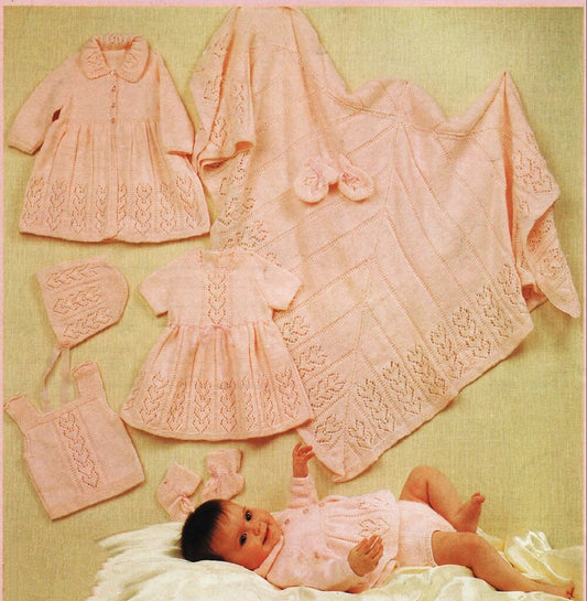 Vintage Knitting Pattern Baby Girl Clothes 9 Piece Linked Hearts Layette Set PDF Instant Digital Download Dress Coat Shawl 3-6 Months 3 Ply