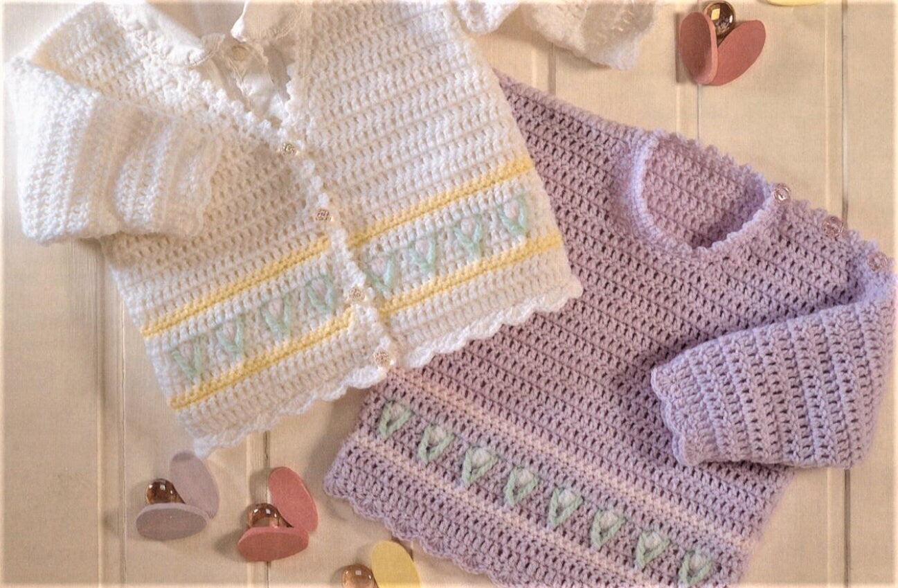 Vintage Crochet Pattern Baby Girl Child Cardigan and Pullover Sweaters Tulips Floral Border PDF Instant Digital Download 0-6 Yrs DK 8 Ply