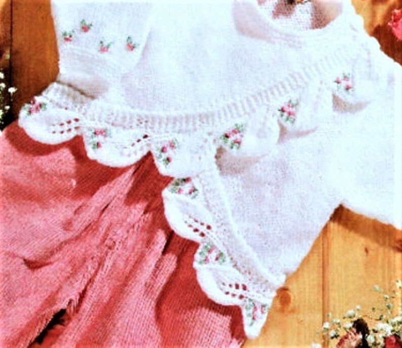 Vintage Knitting Pattern Baby Girl Wrap Over Cardigan Coat Top PDF Instant Digital Download Rosebud Leaf Border Trim 0 - 2 yrs DK 8 Ply