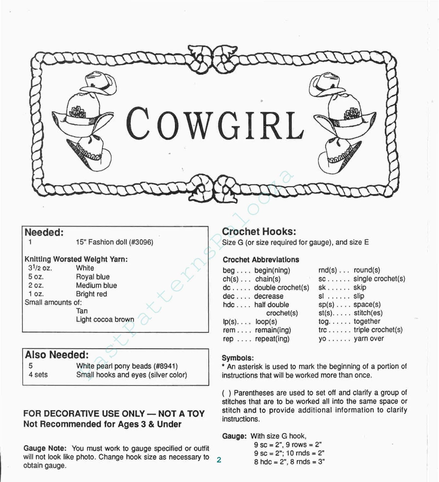 Vintage Crochet Patterns Cowboy & Cowgirl Outfits for 15" 16" Dolls PDF Instant Digital Download Western Dress Chaps Hats