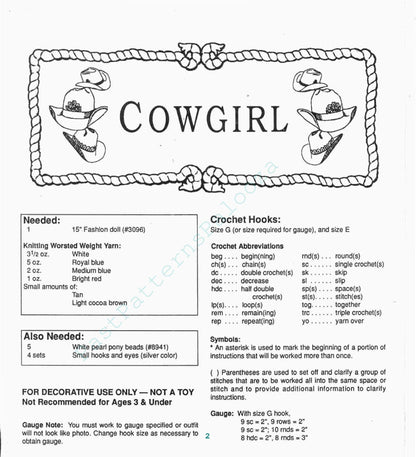Vintage Crochet Patterns Cowboy & Cowgirl Outfits for 15" 16" Dolls PDF Instant Digital Download Western Dress Chaps Hats