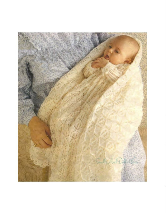 Vintage Knitting Pattern Baby Long Christening Gown Dress and Shawl Set Scalloped Edge Eyelet Lace PDF Instant Digital Download 3-6m 3 Ply