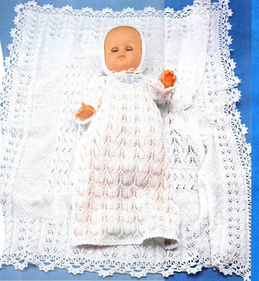 Vintage Knitting Pattern Baptism Lace Christening Dress Bonnet Shawl for 18 Inch Doll PDF Instant Digital Download Leaf & Flower Design