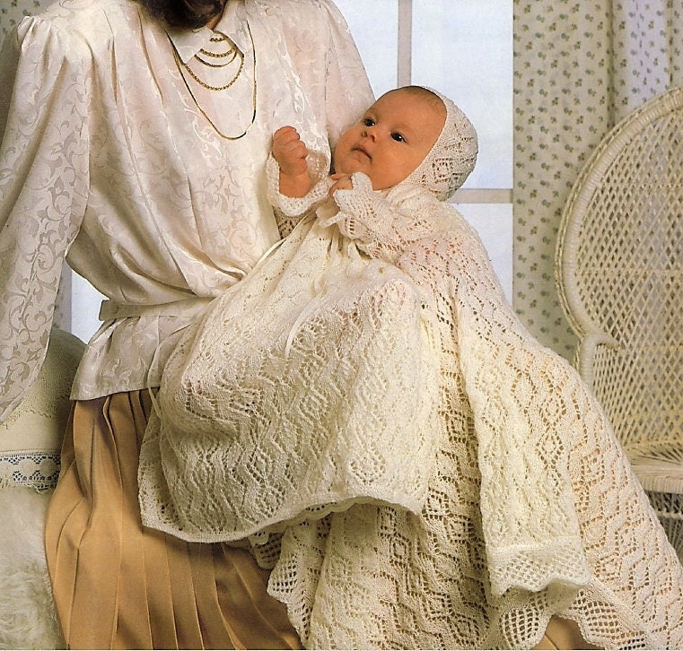 Vintage Knitting Pattern Knit Baby Diamond Lace Christening Dress Bonnet Shawl Set PDF Instant Digital Download Baptism Knitted 2 Ply 0-6m