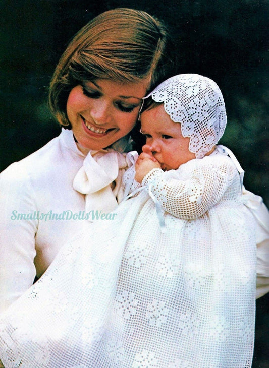 Vintage Filet Crochet Pattern Baby Christening Gown Bonnet Set Lacy Floral Heirloom PDF Instant Digital Download 0-6m