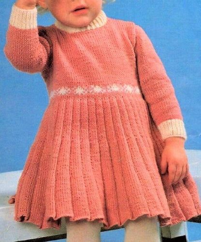 Vintage Knitting Pattern Toddler to Little Girl Classic Pleated Dress PDF Instant Digital Download Long Sleeves Pleated 18m- 7 yrs DK 8 Ply