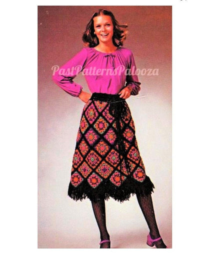 Vintage Crochet Pattern Womens Granny Square Skirt Mosaic Diamonds PDF Instant Digital Download Boho Gypsy Chic Stained Glass Design 10 Ply