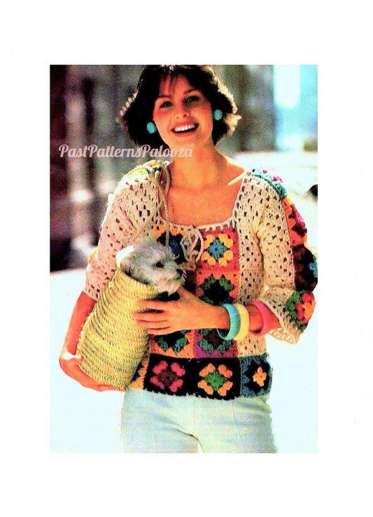 Vintage Crochet Pattern Womens Retro Granny Square Peasant Blouse Top PDF Instant Digital Download 2 Styles Hippie Boho Chic 1970s 10 Ply