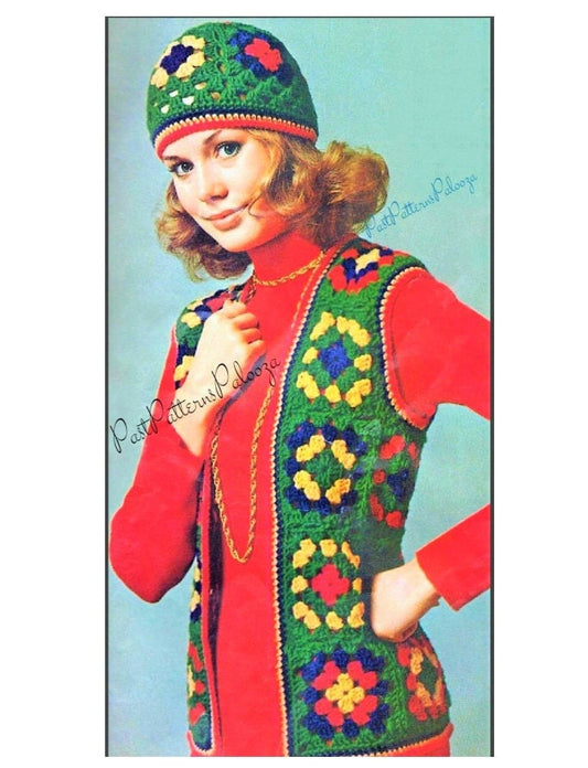Vintage Crochet Pattern Womens Retro Granny Square Motif Vest & Beanie Cap Hat Set PDF Instant Digital Download Hippie Boho Chic 4 Ply