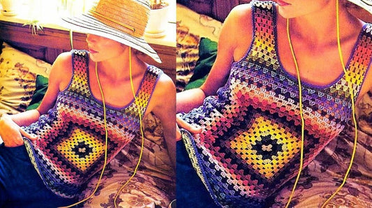 Vintage Crochet Pattern Womens Rainbow Granny Square Sleeveless Vest Tank Top PDF Instant Digital Download 1970s Cotton Thread Boho Chic
